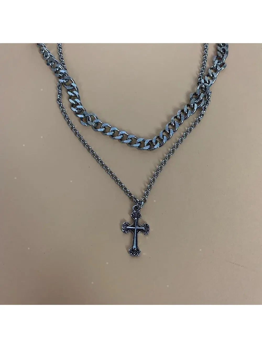 Y2k 2000s style Stainless Steel Double layer silver chrome cross chain grunge